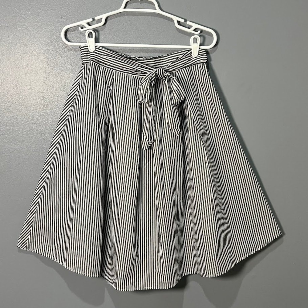 See You Monday Skirt Womens L Black White Cotton Stripe Tie Front A-Line Classic